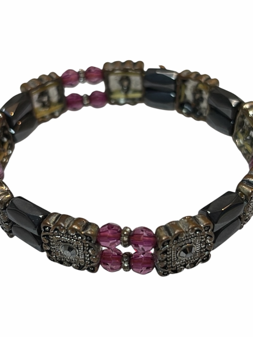 Pink and Gunmetal Beaded Stretch Bracelet